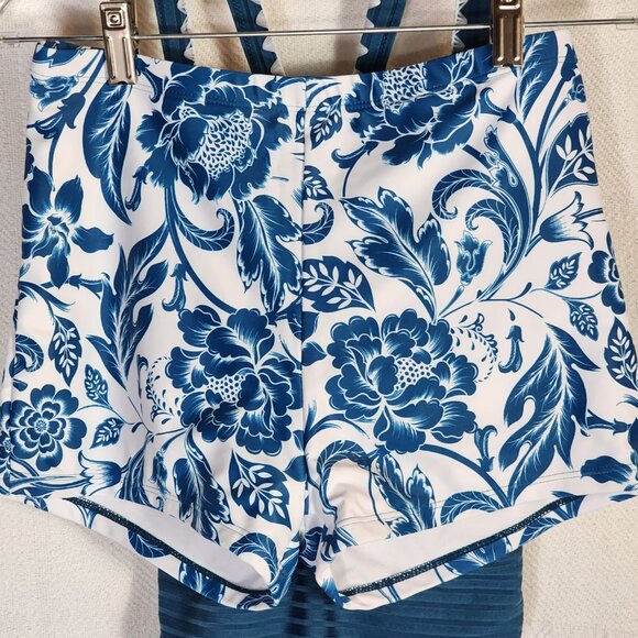 Rotita Peacock Blue Criss Cross Ties Floral Bottom Poly Span Tankini Set Size S - Picture 8 of 16